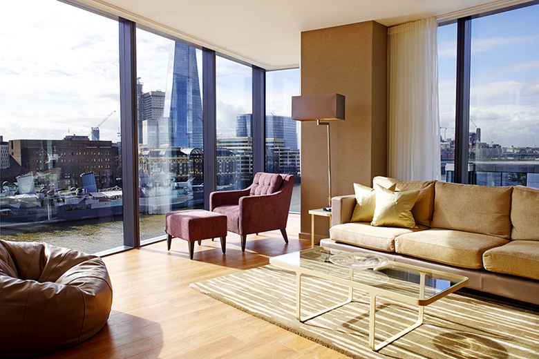 A stylish lounge which overlooks The Shard and the Thames