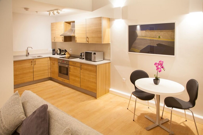 A sleek, open-plan kitchen and living space