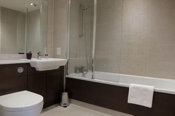 The modern, spacious bathroom