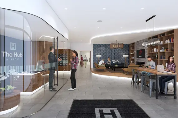 The reception area at College Road Apartments