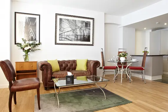 A spacious and stylish living room in a two bedroom apartment