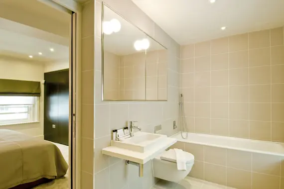 A bright, modern bathroom at College Hill