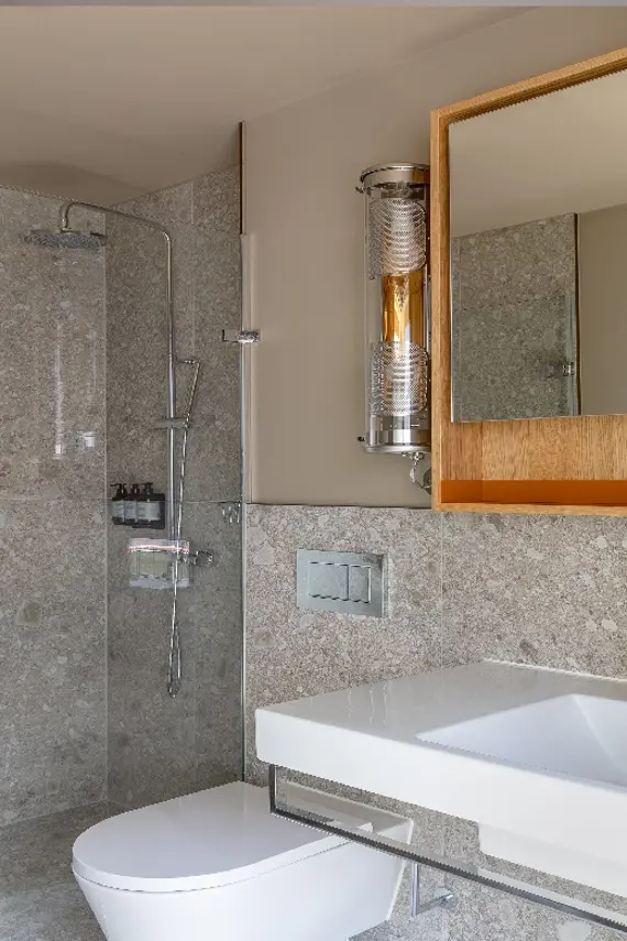 A spacious and polished bathroom