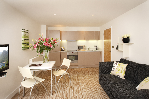 A bright, modern open plan kitchen and lounge area