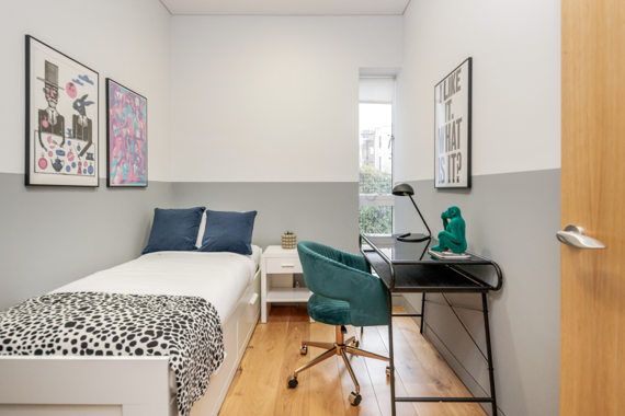 Experience a typical trendy and modern single bedroom (or office)