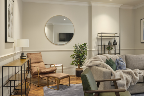 Modern and airy living room, filled with natural light and stylish decor