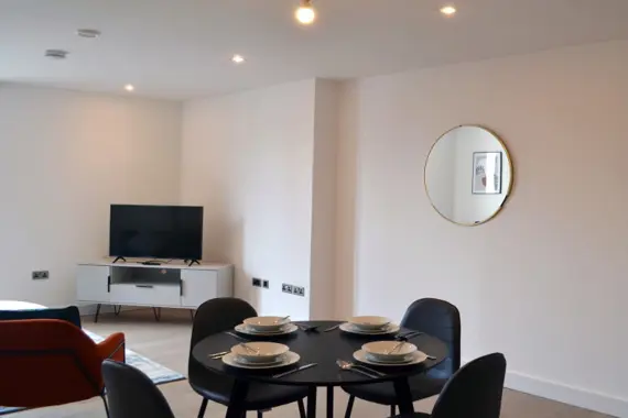 The living and dining area offers a comfortable and bright space