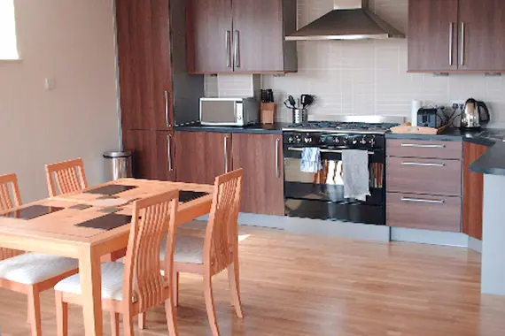 An open-plan kitchen and dining area