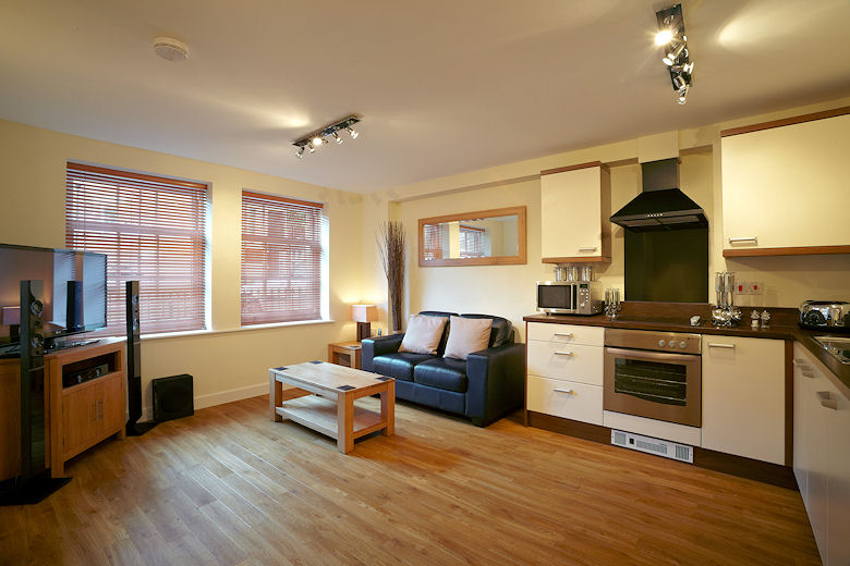 A spacious, bright open-plan living space in a one bedroom apartment