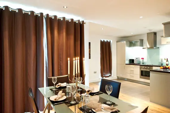 An open plan kitchen and dining area