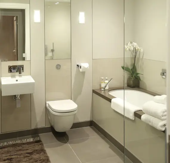 A sleek, chic bathroom at 56 Welbeck Street