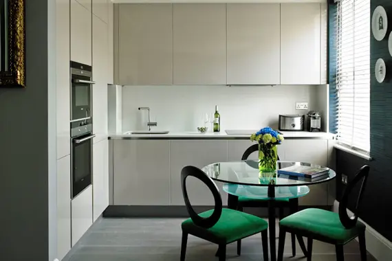 A sleek, modern kitchen in a one bedroom apartment