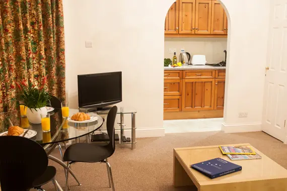 The simple yet sophisticated living area in a one bedroom apartment