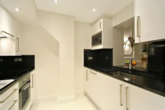 A sleek, modern kitchen in a deluxe studio apartment