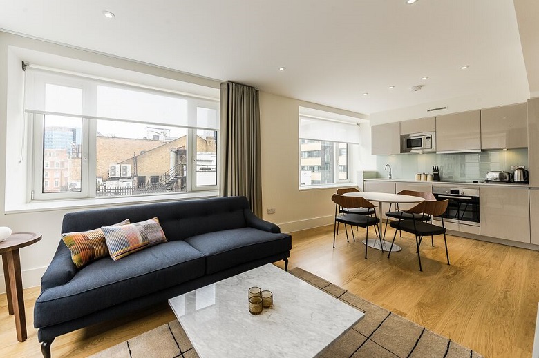 The bright, open-plan living area in a one bedroom apartment