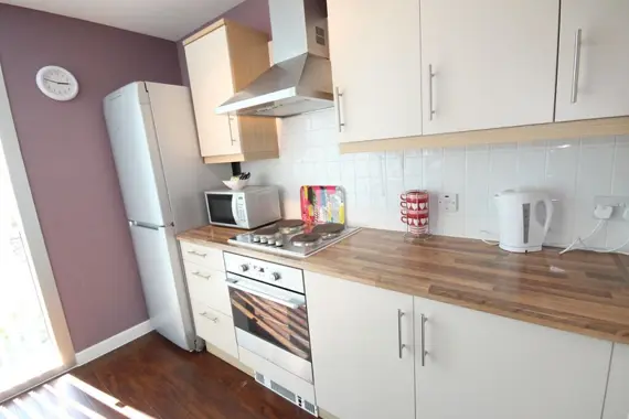 A cute, contemporary kitchen in a two bedroom apartment