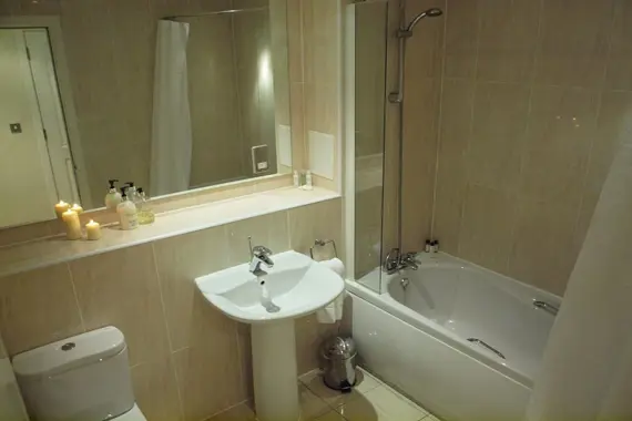 A modern bathroom in a two bedroom apartment