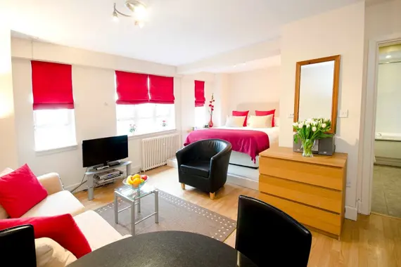 A cool, colourful living space in a small studio apartment