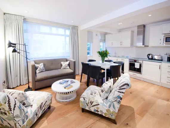 A chic, modern two bedroom apartment living area