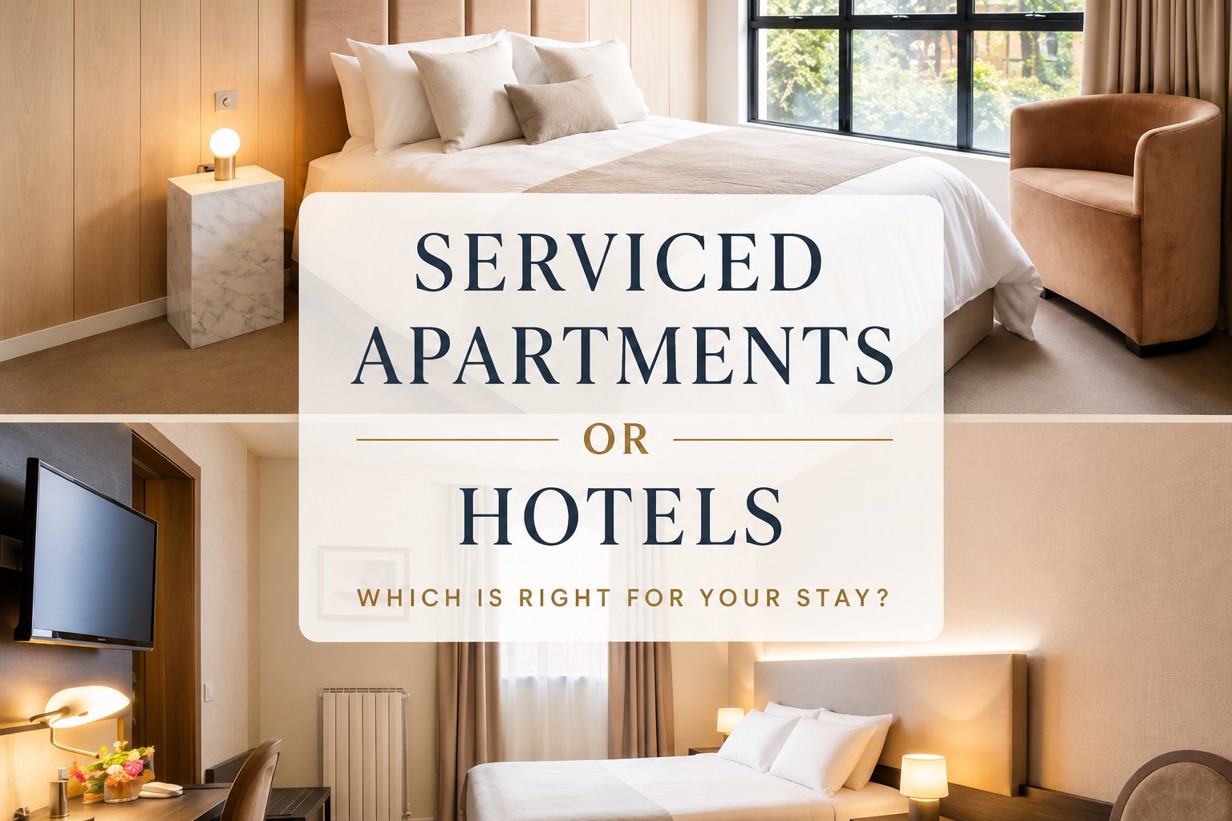 Split-screen comparison of two hotel rooms, illustrating the choice between hotels and serviced apartments